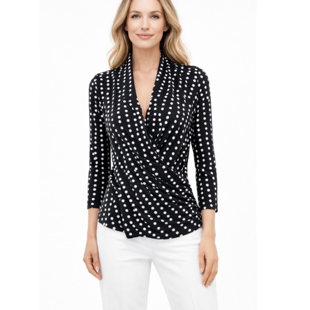 Chaus New York Polka Dot Surplice Wrap Top Black White 3/4 Sleeve S Preppy 82-37